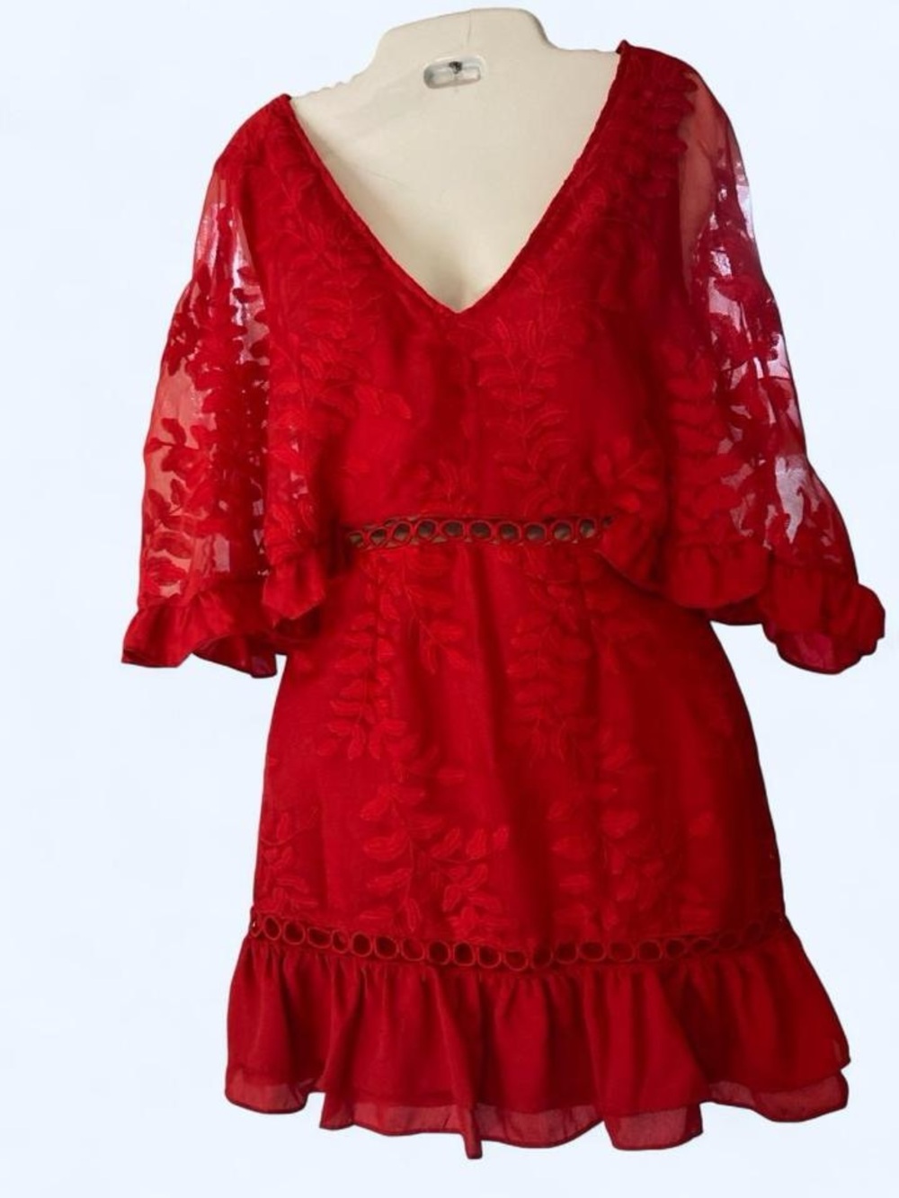 Red Goodnight Macaroon dress with floral embroidery, size L #floral